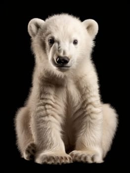 A polar bear cub sits against a dark background, its white fur glowing softly as it looks curiously towards the viewer, embodying vulnerability and the need for conservation.