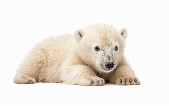 A polar bear cub lies comfortably against a white background, its innocence and vulnerability on full display. The cub's soft fur and relaxed posture create an image of peacefulness and playfulness