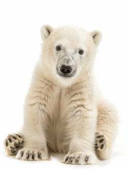 This inquisitive polar bear cub sits upright on a white backdrop, its bright eyes conveying a sense of wonder and curiosity. Animal isolated on white background