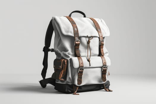 A white backpack with brown straps and a brown buckle. The straps are made of leather and the buckle is made of metal