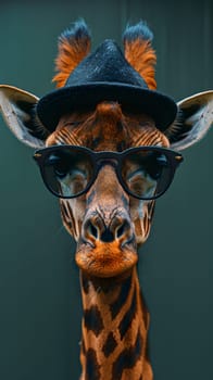 A terrestrial animal with a long neck, headgear, and fashion accessory on its head, the giraffe is staring at the camera with its eyes covered by sunglasses