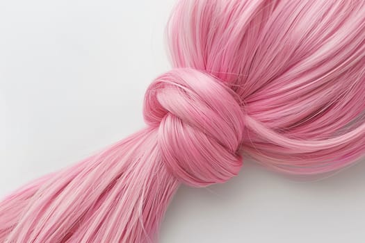 Beautiful strong shiny pink hair tied in a knot. The concept of hairdressing services for health improvement and hair coloring.