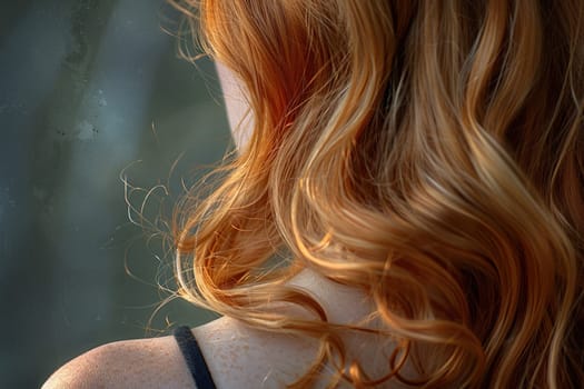 Rear view of red wavy hair of a girl standing by the window.