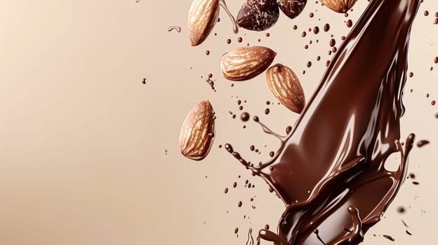 Nuts and chocolate splash, food dessert and confectionery industry