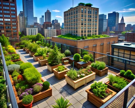 View of green roof on a modern building. Roof garden. Concept of landscaping public spaces. Ai generated image