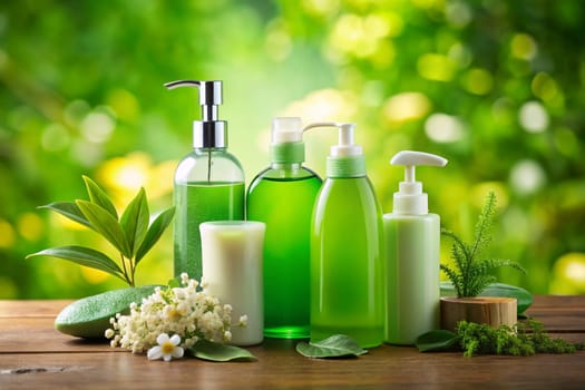 Cosmetic skin care products, body lotion, hair shampoo, body wash on green leaves as background. Natural eco beauty and organic skin care concept. ai generated image