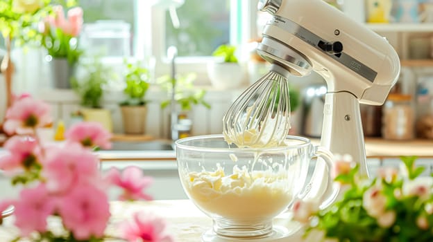 Electric mixer whipping cream in glass bowl, homemade baking and traditional food, country life