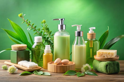 Cosmetic skin care products, body lotion, hair shampoo, body wash on green leaves as background. Natural eco beauty and organic skin care concept. ai generated image