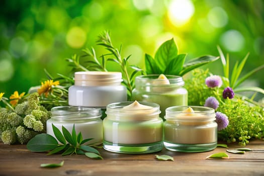 Creams in glass jars and green leaves and flowers in the background. Skin and body care beauty products. Ai generated image.