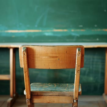Close up of a vintage wooden chair sits in front of a green chalkboard in a school classroom with copy space.