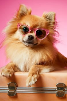 Studio front view shot of a glamorous pomeranian dog ready for holidays with sunglasses and suitcase isolated on pink.