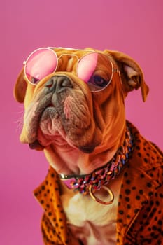 Studio shot of a glamorous female bulldog dog wearing sunglasses isolated on pink background.