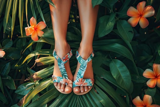 Female legs in sandals against a background of tropical leaves and flowers. Summer background.