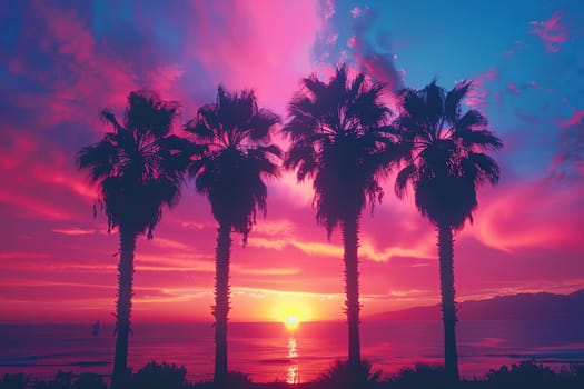 Silhouettes of tropical palm trees on a background of sunset with neon glow. Futuristic neon background.