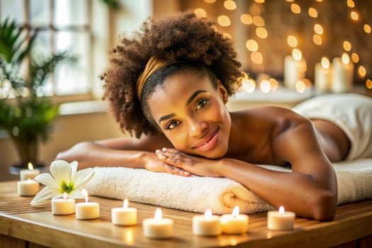 Beautiful young African American woman in a spa salon on massage. Cozy spa salon with aroma candles. Ai generated image