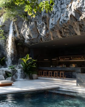 A swimming pool surrounded by lush plants, with a majestic waterfall cascading in the background, creating a tranquil oasis in a natural landscape