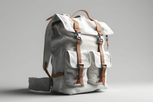 A white backpack with brown straps and a brown buckle. The straps are made of leather and the buckle is made of metal