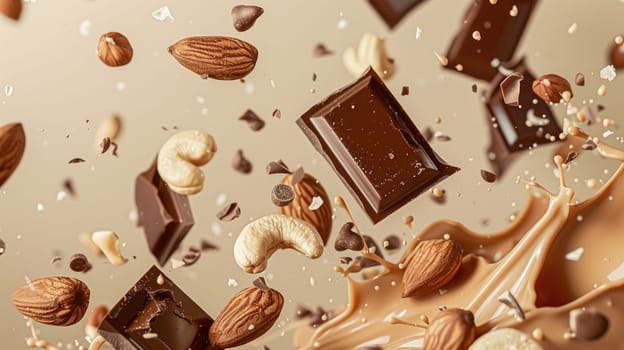 Nuts and chocolate splash, food dessert and confectionery industry