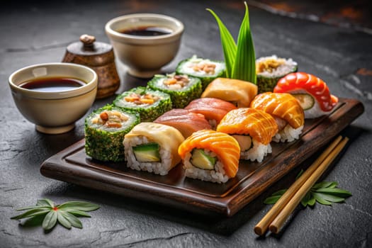 Japanese sushi set. Food photography, Asian kitchen. Restaurant food menu photos. Sushi roll pictures. Ai generated photo