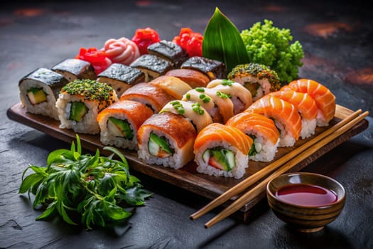 Japanese sushi set on a dark background. Food photography, Asian kitchen. Restaurant food menu photos. Sushi roll pictures. Ai generated photo