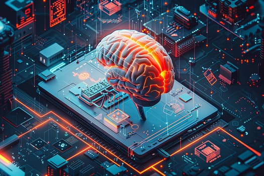 An illustration of a person's brain with AI related concepts integrated into the neural network.