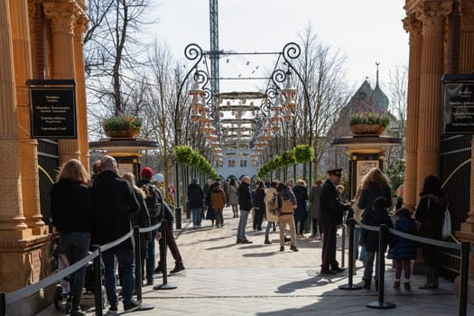The main entrance to the Tivoli amusement park decorated for Easter. Copenhagen, Denmark - March 28, 2024