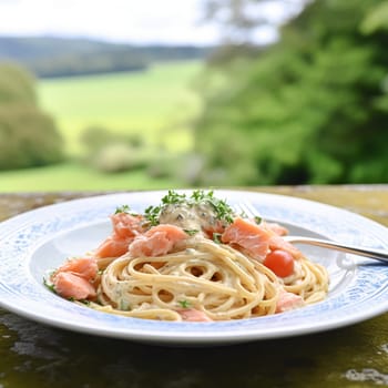 Pasta with smoked salmon and cream, homemade cuisine and traditional food, country life