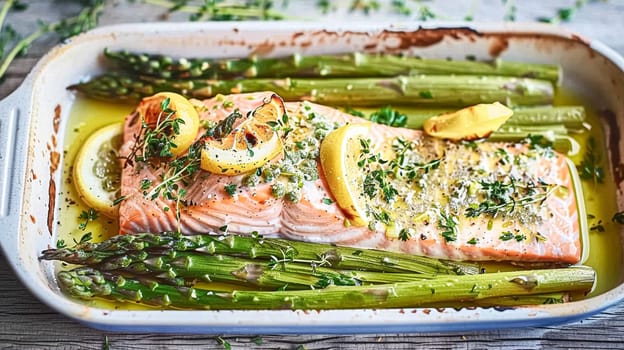 Salmon with asparagus, lemon and spice seasoning in the English countryside garden, homemade recipe