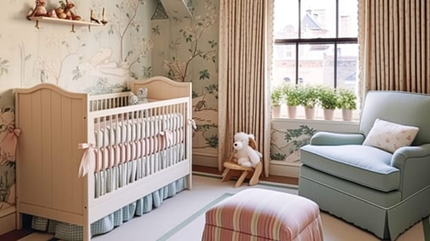 Nursery decor, pastel interior design and children home decor, baby room crib bed and country furniture, English countryside house style interiors