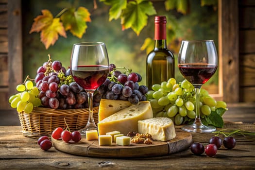 Red wine with grapes and cheese still life. Ai generated image