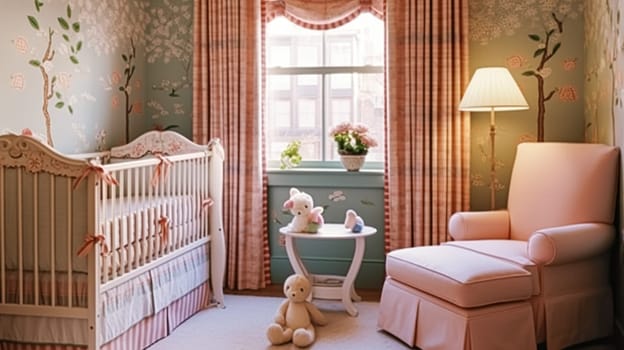 Nursery decor, pastel interior design and children home decor, baby room crib bed and country furniture, English countryside house style interiors