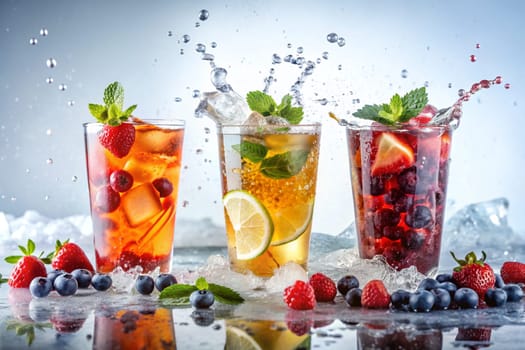 Glass and splash of delicious iced fruit tea with berries on a white background. Summer cold non-alcoholic drinks. Ai generated image