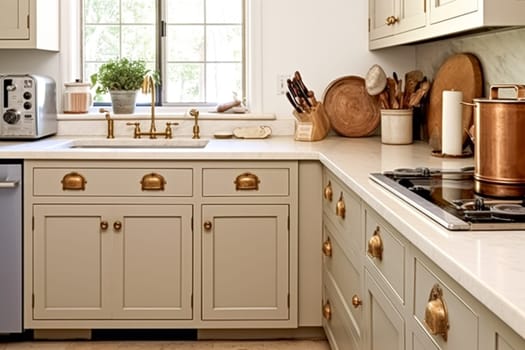 Cream white cottage kitchen decor, interior design and house improvement, English in frame kitchen cabinets in a countryside house, elegant country style motif