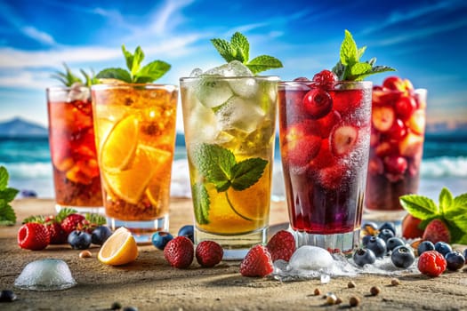 Glass and splash of delicious iced fruit tea with berries on a beach background. Summer cold non-alcoholic drinks. Ai generated image