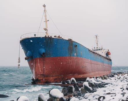 Cargo ship strands aground on a rocky shore after a storm, surrounded by snow and heavy waves.