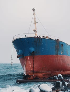 Cargo ship strands aground on a rocky shore after a storm, surrounded by snow and heavy waves.