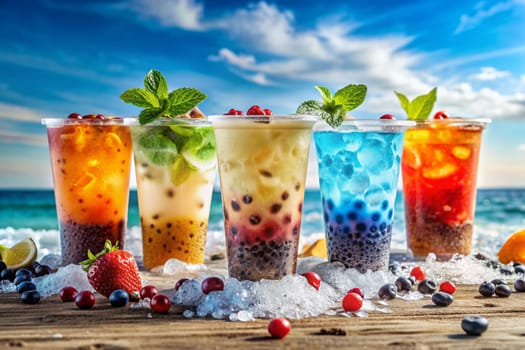 Bubble Tea. Colorful glasses of bubble tea. Fruit bubble tea. Taiwan milk tea with bubbles. Ai generated image