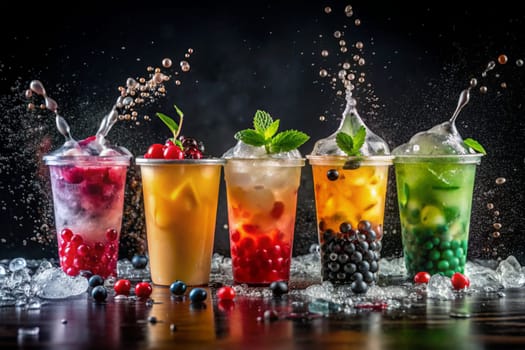 Splashes of Bubble Tea on black background. Colorful glasses of fruit bubble tea. Taiwan tea with bubbles. Ai generated image