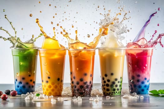 Splashes of Bubble Tea on a white background. Colorful glasses of fruit bubble tea. Taiwan tea with bubbles. Ai generated image