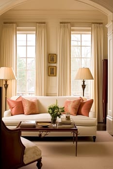 Elegant interior design, home decor, sitting room and living room, sofa and furniture in English country house, modern classic interiors