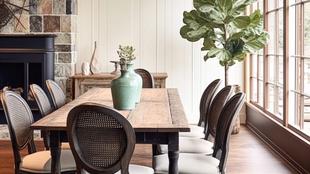 Wooden cottage dining room decor, interior design and country house furniture, home decor, table and chairs, English countryside style interiors