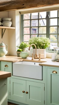 Mint cottage kitchen interior design, home decor and house improvement, English in frame kitchen cabinets in a country house interiors