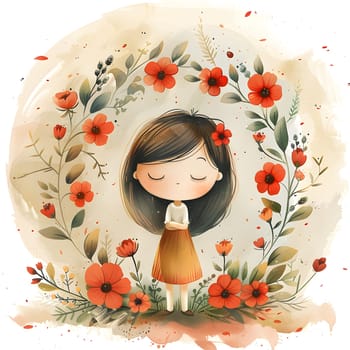 A young girl is surrounded by a garland of vibrant red flowers, creating a picturesque scene of beauty and innocence