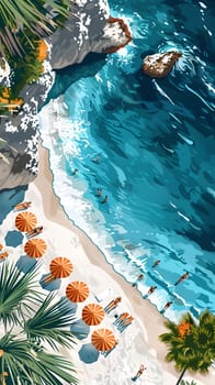An aerial perspective capturing a tropical beachs azure waters, palm trees, and umbrellas, creating a picturesque natural landscape perfect for travel art creations