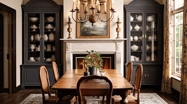 Cottage dining room decor, interior design and dark wood country house furniture, home decor, table and chairs, English countryside style interiors