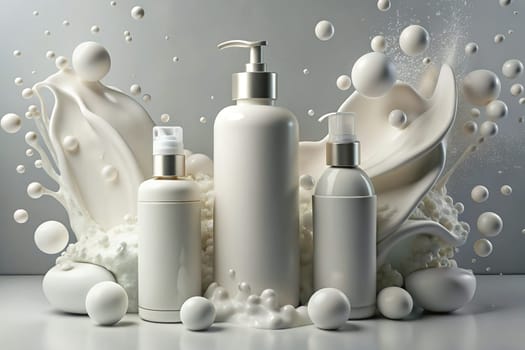 White body and skin care products and cosmetics on a white background with white bubbles. Ai generated image