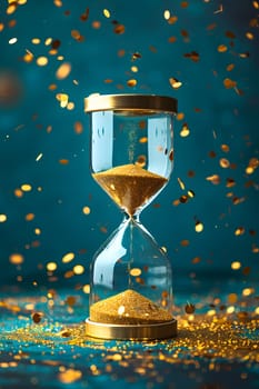 A wine glass filled with azure liquid sits atop a tableware surrounded by gold confetti on a blue background, reminiscent of a luxurious barware display