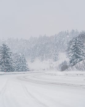 Snow is heavily falling on a winding mountain road lined with dense forest. The road appears slippery due to the accumulating snow.