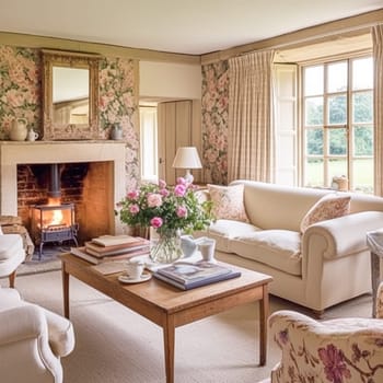 Neutral cottage sitting room with fireplace, living room interior design and country house home decor, sofa and lounge furniture, English countryside style interiors