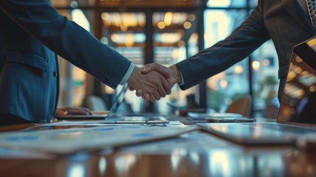 Two business men shaking hands after a corporate and successful agreement.